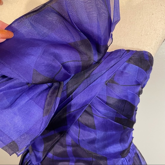 Vintage Albert Nipon Boutique 100% Silk Purple Plaid Bow Strapless Dress Size 6 - Picture 5 of 15